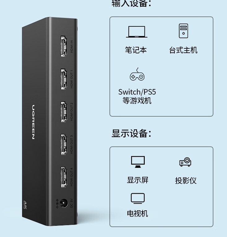綠聯(lián)/UGREEN 90805 網(wǎng)絡(luò)連接設(shè)備 HDMI分配器4K高清一分四1進(jìn)4出視頻分屏筆記本電腦接電視顯示器投影儀